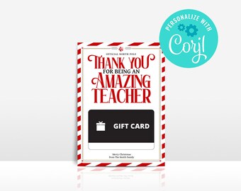 Peut inclure: Une carte-cadeau rectangulaire avec une bordure à rayures rouges et blanches. La carte indique "THANK YOU FOR BEING AN AMAZING TEACHER" en texte rouge. Un rectangle noir avec "GIFT CARD" est en bas. Personnalisé avec Corjl.