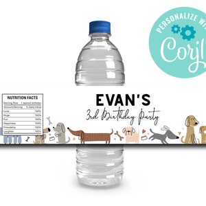 EDITABLE, INSTANT DOWNLOAD Dog Puppy Pawty Bottle Labels, Dog  Puppy Pawty Pet Adoption Birthday Invitations, Boy Dog  Water Bottle Label