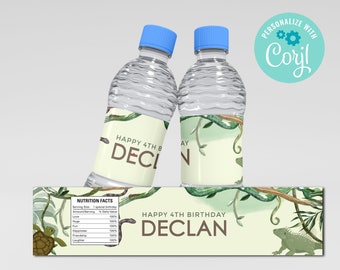 Reptile Birthday Water Bottle Labels: Lizards & Snakes (Editable Template, Instant Download)