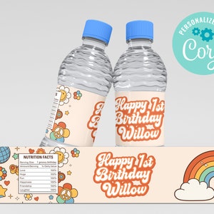 EDITABLE, INSTANT DOWNLOAD Groovy Water Bottle Labels Retro Festival Birthday Flower Hippie Party Vibe 70s Party Decorations, Bottle Labels