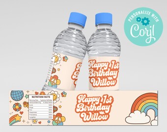 Groovy 70s Birthday Water Bottle Labels: Retro Hippie Theme (Editable, Instant Download)