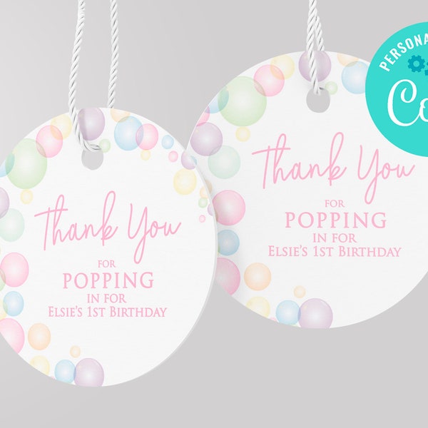 EDITABLE, INSTANT DOWNLOAD Bubbles Birthday Favor Tag, Pastel Bubbles Birthday Pastel Bubbles Summer Bubble Party Bubble Pop Party Favor Tag