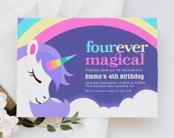 Fourever Magical Unicorn Birthday Invitation Unicorn Birthday Magical Unicorn Party Girl Purple Unicorn Invite EDITABLE, INSTANT DOWNLOAD