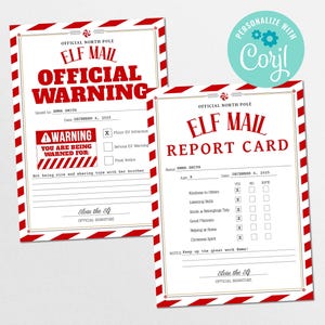 Puede incluir: Dos documentos de Elf Mail con temática navideña. Uno es una advertencia oficial, el otro una boleta de calificaciones. Ambos tienen bordes a rayas rojas y blancas y presentan el texto "Elf Mail" y "Official North Pole". La advertencia es por no compartir juguetes.