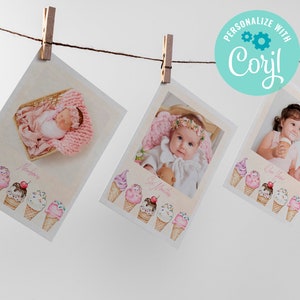 Banner de foto de sorvete, banner de foto de bebê, Sweet One, cartões de marco mensal do primeiro ano do bebê, guirlanda de fotos EDITÁVEL, DOWNLOAD INSTANTÂNEO
