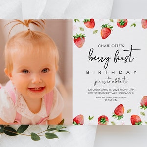 Carte de remerciement aux fraises, premier anniversaire de baies, carte de remerciement photo d'anniversaire aux fraises modèle numérique MODIFIABLE, TÉLÉCHARGEMENT IMMÉDIAT