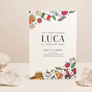 Italienische Geburtstagsfeiereinladung, Uno-Geburtstagsfeier, Italien-Themeneinladung, italienisches Essen Pizza Vespa EDITIERBAR, SOFORT-DOWNLOAD