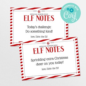 May include: Two white Elf Notes cards with red and white striped borders. The top card reads "Today's challenge: Do something kind!" and the bottom card reads "Sprinkling extra Christmas cheer on you today!"