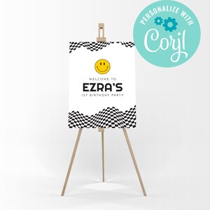 EDITABLE, INSTANT DOWNLOAD Checkered Smiley Face Welcome Sign Template Rad One To Rad Birthday Smile Retro Birthday Cool Dude Corjl Template