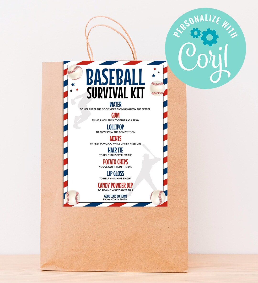 Baseball Survival Kit Bag Tag Template, Editable Baseball Player Gift ...