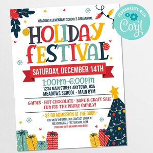 May include: A colorful flyer for the Meadows Elementary School's 3rd Annual Holiday Festival. The design features festive elements like a Christmas tree, gifts, and decorative lights. The flyer includes event details such as the date, time, and location.