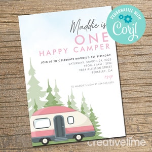 Happy Camper Birthday Invitation, One Happy Camper, First Birthday, Camping Birthday Party, Girl Birthday Invite EDITABLE, INSTANT DOWNLOAD