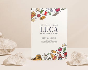 Invito di compleanno italiano: festa a tema pizza, Vespa e Uno (modificabile, download immediato)