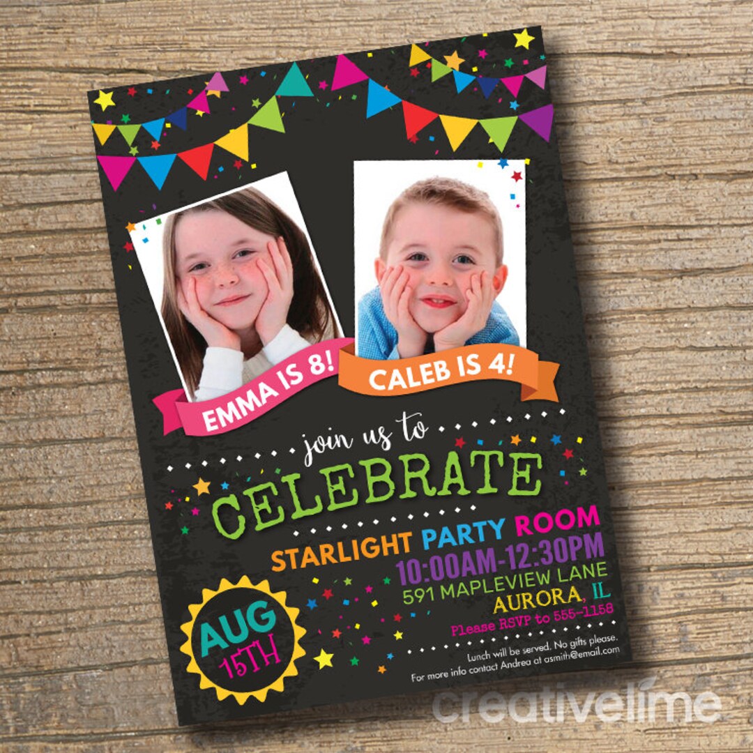 Joint Combined Birthday Party Invitation, Twins Birthday Invitations