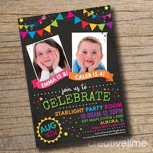 Joint Combined Birthday Party Invitation, Twins Birthday Invitations, Siblings Party, Joint Birthday Invitation Chalkboard (Printable)