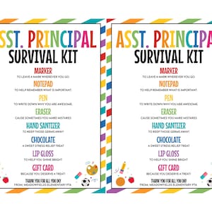 May include: Two identical colorful "Asst. Principal Survival Kit" prints. Each kit includes a marker, notepad, pen, eraser, hand sanitizer, chocolate, lip gloss, and a gift card. The prints have a rainbow border and are designed for Meadowfields Elementary PTA.