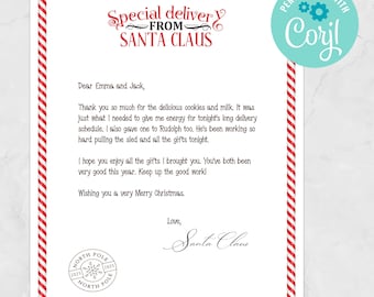 Editable Letter from Santa, Printable Letter from the North Pole, Christmas Eve Letter, Thank you letter Santa EDITABLE INSTANT DOWNLOAD