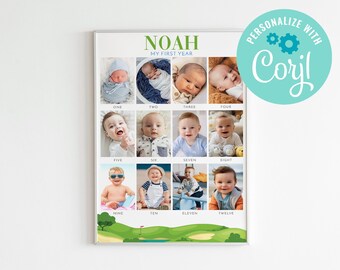 May include: A white poster with a green, blue, and white golf course design at the bottom. The poster has 12 photos of a baby boy, each photo labeled with a number from one to twelve. The poster is titled "Noah My First Year" and has the text "Personalize with Coril" in a circle at the top right corner.