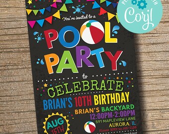 May include: A colorful pool party invitation with a black background. The text reads "You're invited to a Pool Party to Celebrate Brian's 10th Birthday". The date is August 15th. The invitation includes details about the party, including the time, location, and RSVP information.