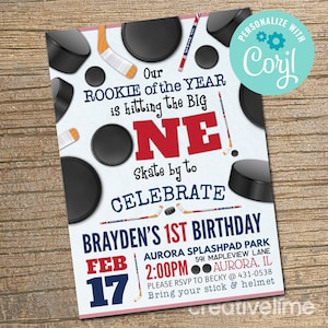 Hockey Birthday Party Invitation, Little Rookie Invitation, Hockey Party, Hockey Invitation, 1st Birthday, First EDITABLE, INSTANT DOWNLOAD