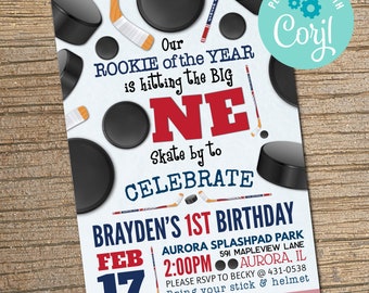 Hockey Birthday Party Invitation, Little Rookie Invitation, Hockey Party, Hockey Invitation, 1st Birthday, First EDITABLE, INSTANT DOWNLOAD