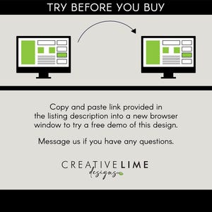 May include: An instructional graphic with the text TRY BEFORE YOU BUY, featuring two computer monitor icons connected by an arrow. Below, text instructs to copy and paste a link for a demo, and to message for questions. Logo reads CREATIVE LIME designs.