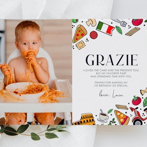 Tarjeta de agradecimiento con temática italiana para cumpleaños, tarjeta de agradecimiento con temática italiana, pizza Vespa (editable, descarga instantánea)