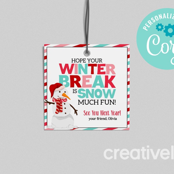 EDITABLE, INSTANT DOWNLOAD Hope Your Winter Break is Snow Much Fun Printable Gift Tag Teacher Student Kids Preschool Holiday Christmas Tag