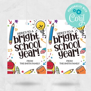 Op een helder schooljaarlabel, eerste schooldag leraar student klasgenoot, terug naar school gunst cadeaulabel BEWERKBARE DIRECT DOWNLOAD