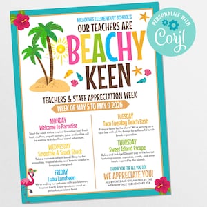 Editable Beach Theme Teacher & Staff Appreciation Sun Itinerary Flyer, Beach Theme Schedule (Instant Download)
