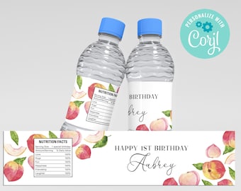 Pfirsich Geburtstag Wasserflaschenetiketten: Bearbeitbares Party Dekor (Instant Download)
