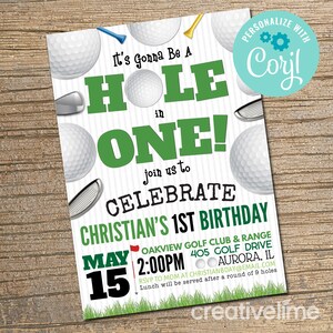 Golf First Birthday Invitation, 1st Birthday, Hole in One Invitation, Golf Invitation, Hole-in-One Party EDITABLE, INSTANT DOWNLOAD