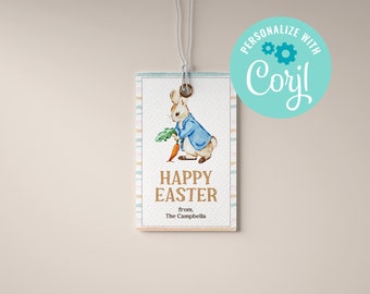 Happy Easter Gift Tag, Happy Easter Bunny Gift Tag, Easter Bunny Tag, Vintage Watercolor Bunny Easter Bag Tag EDITABLE INSTANT DOWNLOAD