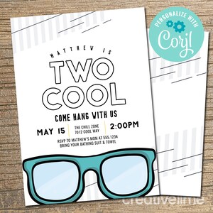 Twee coole uitnodiging voor feest, tweede verjaardag uitnodigen, moderne zonnebril, bewerkbare sjabloon, digitaal, twee coole partij BEWERKBAAR, INSTANT DOWNLOAD