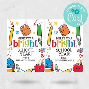 Here&#39;s to a Bright School Year Tag, First Day of School Teacher Student Classmate, Back to School Favor Gift Tag EDITABLE INSTANT DOWNLOAD
