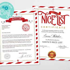 Plantilla de certificado de lista de buenos y carta de Papá Noel para imprimir, correo del Polo Norte, Papá Noel, tamaño A4 y carta, DESCARGA INMEDIATA EDITABLE