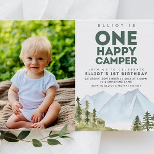 One Happy Camper Birthday Invitation, Camping Birthday, First Birthday Boho One Happy Camper, Boy Birthday Invite EDITABLE INSTANT DOWNLOAD