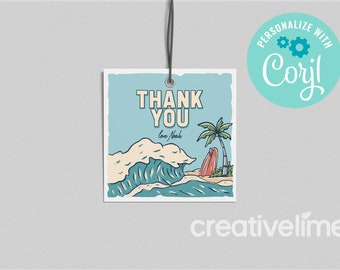 May include: A blue and white thank you card with a wave and palm tree illustration. The card says "Thank You" and "Love Noah".