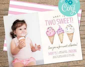 Ice Cream Birthday Invitation: Two Sweet Party, Any Age (INSTANT DOWNLOAD)