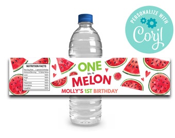 Editable Watermelon 1st Birthday Water Bottle Labels (Instant Download)