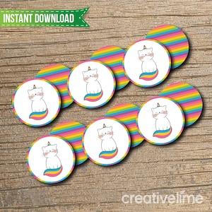 Printable Caticorn Cupcake Toppers - Instant Download, Favor Bag Tags, Caticorn Party, Cupcake Toppers DIY Printable 12 Circles on 8.5 X 11
