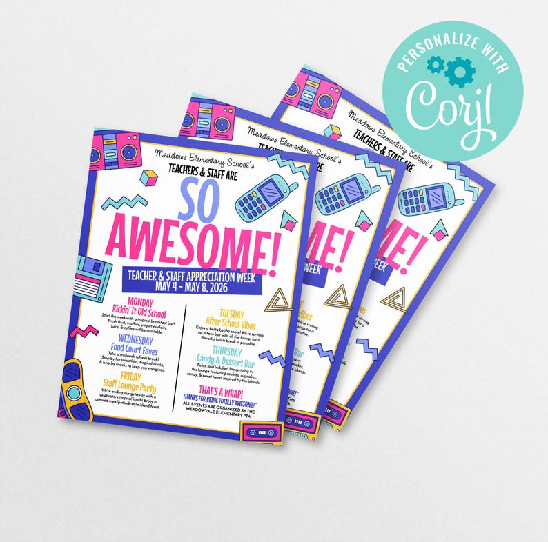 Teacher Appreciation Week Flyer Editable in Corjl | 80s 90s Theme Staff ...