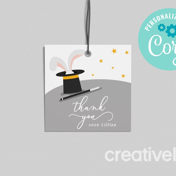 Magic Party Favor Tag, Magic Birthday, Magic Show, Magician, Bunny Hat Magic Birthday Thank You Favour Tag EDITABLE, INSTANT DOWNLOAD