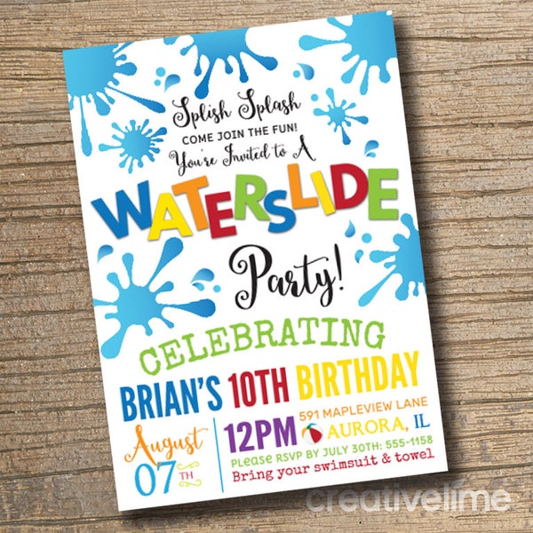 WE EDIT, You Print Waterslide Party Invitation, Waterslide Pool Birthday Invitations, Slide Party, Backyard Pool Waterslide Invite