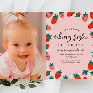 Berry First Birthday Party Invitation, Strawberry Birthday Invitations, 1st Birthday Party, Strawberry Invitation EDITABLE, INSTANT DOWNLOAD