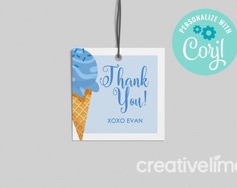 Etichetta per bomboniera di compleanno a tema gelato: con zuccherini blu, modello modificabile (download digitale)