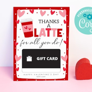 DOWNLOAD INSTANTÂNEO EDITÁVEL para impressão Obrigado por um café com leite por tudo o que você faz Porta-cartão-presente, porta-cartão-presente para professor e colega de trabalho do Dia dos Namorados