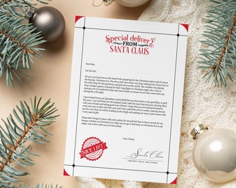 Puede incluir: Una carta roja y blanca de Santa Claus con un sello rojo de "Lista de niños buenos". La carta está dirigida a Max e incluye un mensaje sobre los preparativos de Santa Claus para la Nochebuena.
