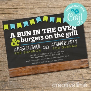 EDITABLE, INSTANT DOWNLOAD Couples Baby Shower Invitation, Co-ed Baby Shower Invite, Diaper Party, Bun in the Oven, Bbq Baby Shower Invite
