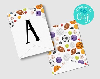 May include: A printable sports themed banner with the letter A in black on a white background. The banner is decorated with a pattern of various sports equipment including basketballs, baseballs, footballs, volleyballs, tennis balls, bowling balls, and hockey pucks.